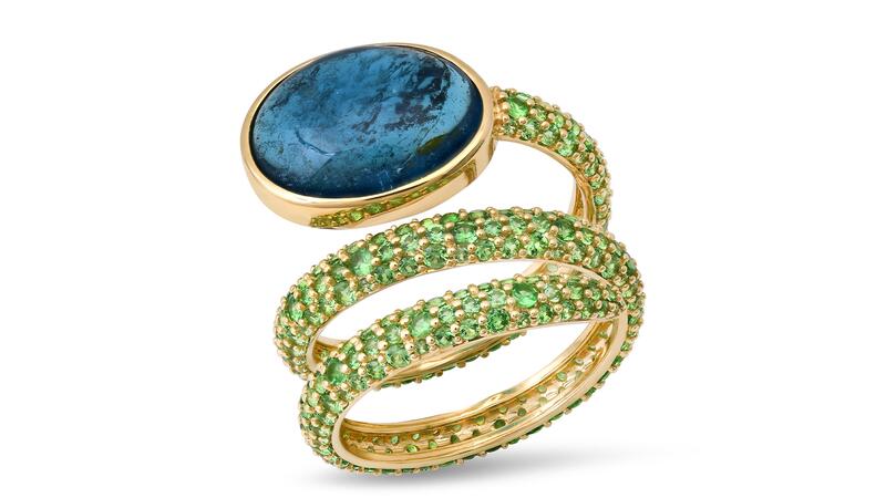 The “Spiral” ring with a 4.96-carat blue tourmaline cabochon and tsavorite pavé in 14-karat yellow gold ($6,295) Eriness Tourmaline and Tsavorite Spiral Ring