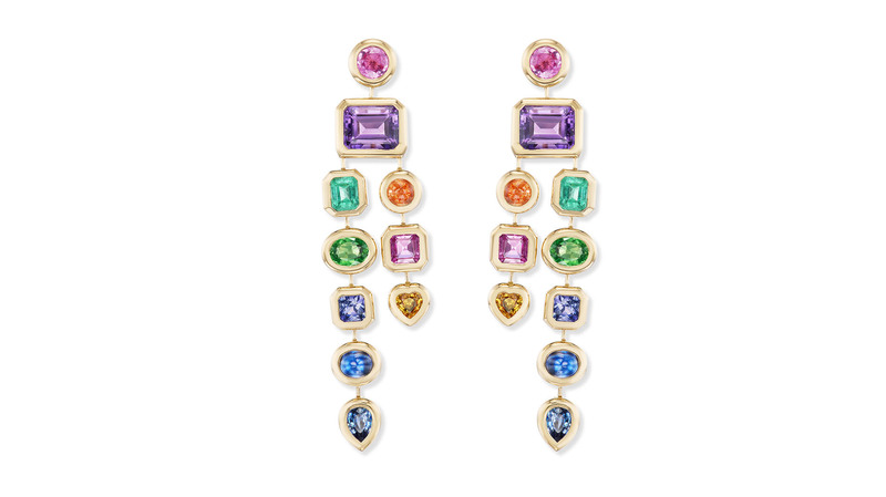 <a href="https://brentneale.com/" target="_blank"> Brent Neale</a> one-of-a-kind rainbow drop earrings with 18-karat yellow gold with sapphires, amethyst, sunstone, emerald, and tsavorite garnets ($32,000)
