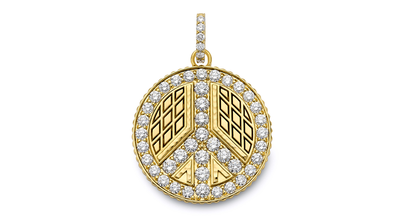 <a href="https://buddhamama.com/"> Buddha Mama</a> 20-karat gold and diamond peace sign coin pendant ($13,600)