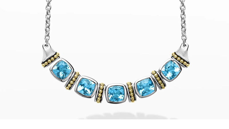 <a href="https://www.lagos.com/products/caviar-color-swiss-blue-topaz-04-81148" target="_blank"> Lagos</a> “Caviar Color” five-station Swiss Blue Topaz necklace in sterling silver and 18-karat gold ($950) </a>