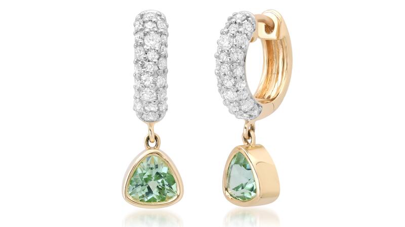 A pair of drop-style huggies with pavé diamonds and mint tourmaline drops in 14-karat yellow gold ($3,650) Eriness Diamond Huggies with Mint Tourmaline Drop