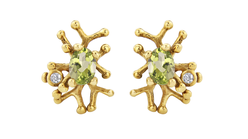 <a href="https://lylies.com/" target="_blank"> Lylie Jewellery</a> 9-karat yellow gold “Tofo” coral studs with peridot ($720)