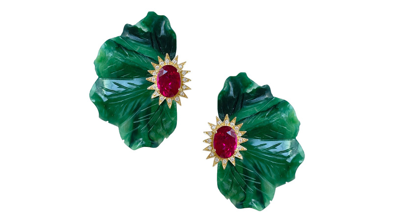 Casa Castro’s earrings featuring carved jade, 6.67 carats of rubellite, 0.32 carats of diamonds, and 18-karat gold ($27,472.75)