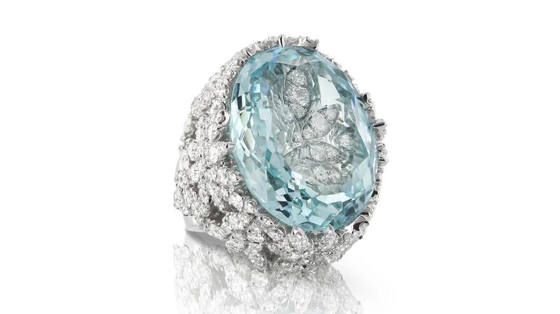 <a href="https://us.pasqualebruni.com/" target="_blank">Pasquale Bruni</a> 18-karat white gold “Ghirlanda Atelier Ring” with aquamarine and diamonds (Price Upon Request)
