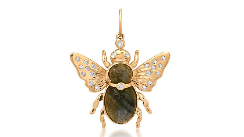 The “Take Flight” june bug labradorite and diamond charm in 14-karat yellow gold ($1,600) by Ashleigh Bergman Ashleigh Bergman june bug pendant
