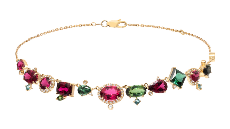 This 18-karat gold necklace from Carolina Neves is made with 14.85 carats of green tourmaline, 1 carat of blue tourmaline, 22.85 carats of pink tourmaline, and 0.81 carats of diamond accents ($49.600).