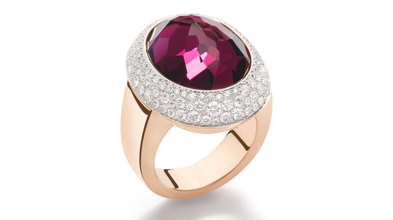 Pomellato high jewelry Castello ring in rose and white gold with rubellite and diamonds