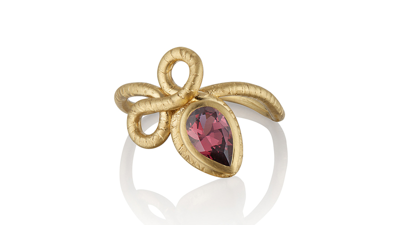 <a href="https://angelymartinezjewelry.com/products/the-promise-ring-with-garnet" target="_blank">Angely Martinez Jewelry LLC</a> ring with rhodolite garnet in 14-karat yellow gold ($4,510)