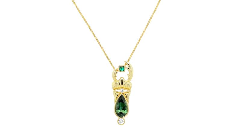 Porter Lyons stag beetle necklace in 14-karat yellow gold with diamonds, emerald, and tourmaline (price available upon request) Porter Lyons stag beetle necklace