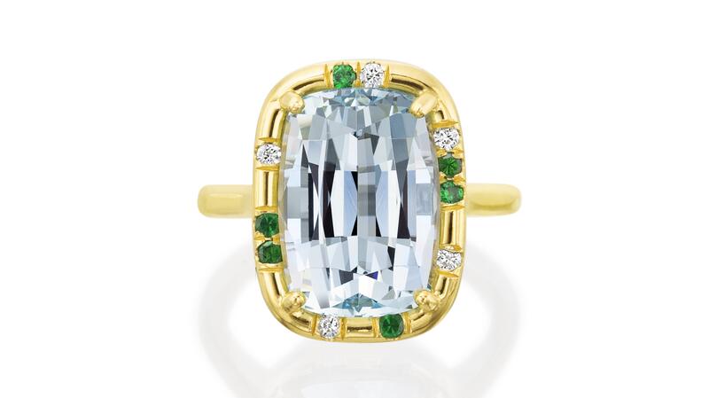 <a href="https://laurenk.com/" target="_blank">Lauren K</a> aquamarine “Sprinkle” ring with diamonds and tsavorites set in 18-karat yellow gold ($8,990)