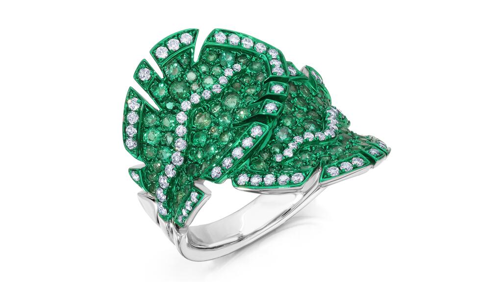 Graziela 18-karat gold and green rhodium ring with emerald and diamonds