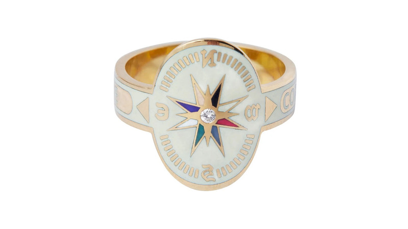<a href="https://foundrae.com/" target="_blank"> Foundrae</a> 18-karat yellow gold, diamond, and cream Champlevé enamel Internal Compass cigar band ($2,850)