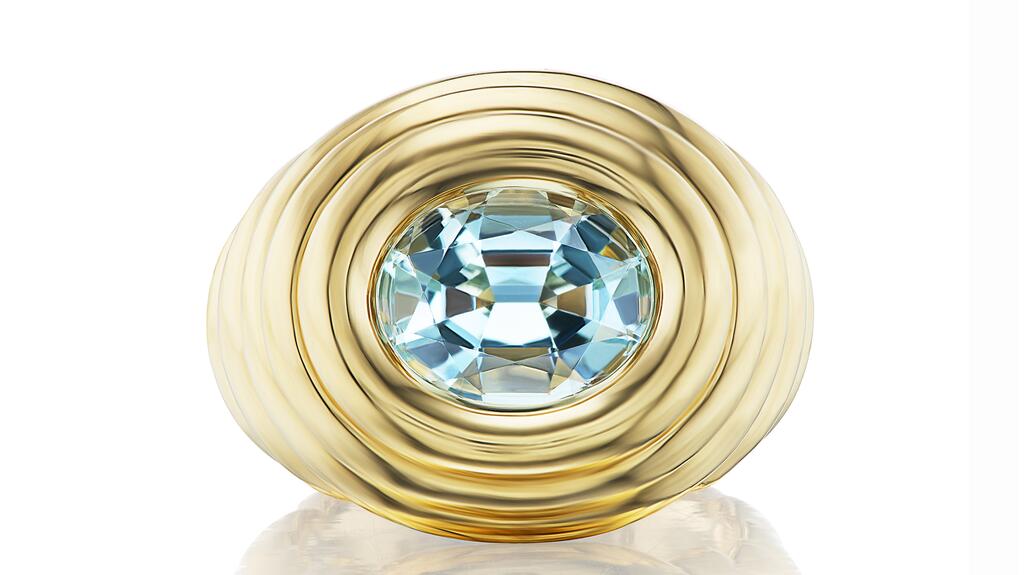 Beck “Ripple Pinky Ring” in 18-karat yellow gold with 2.19-carat aquamarine