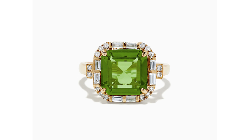 <a href="https://www.effyjewelry.com/" target="_blank"> Effy Jewelry</a> 14-karat yellow gold, peridot, and diamond ring (price upon request)