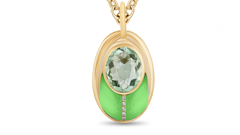 Small “Love Bug” pendant in 14-karat yellow gold with prasiolite and green turquoise ($2,050)