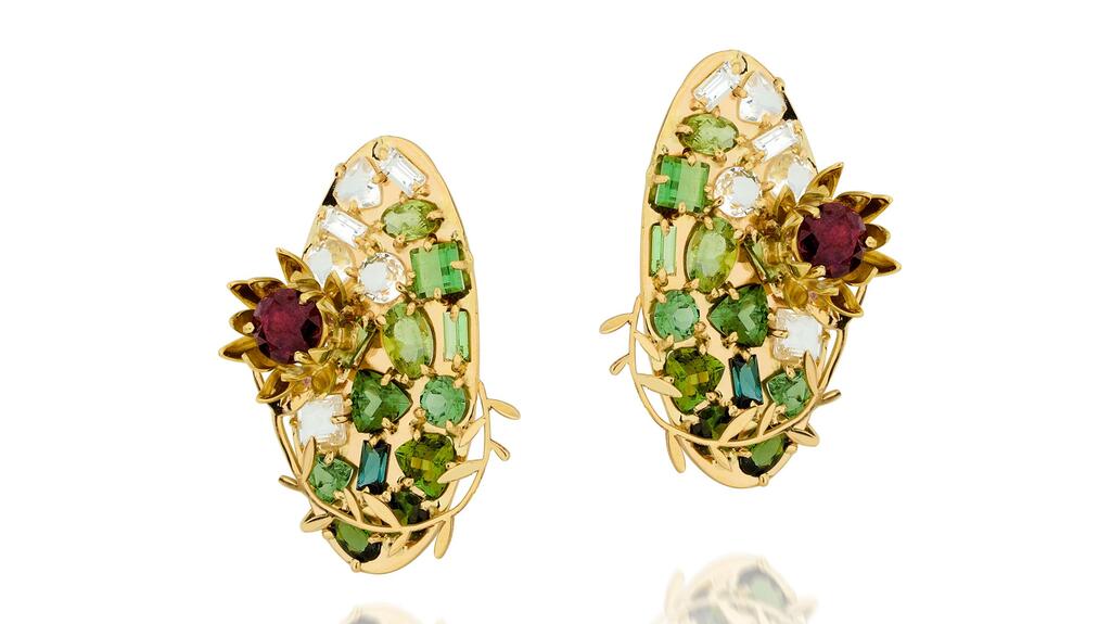 Carol Kauffmann 14-karat yellow gold earrings with red and green tourmalines and white topaz