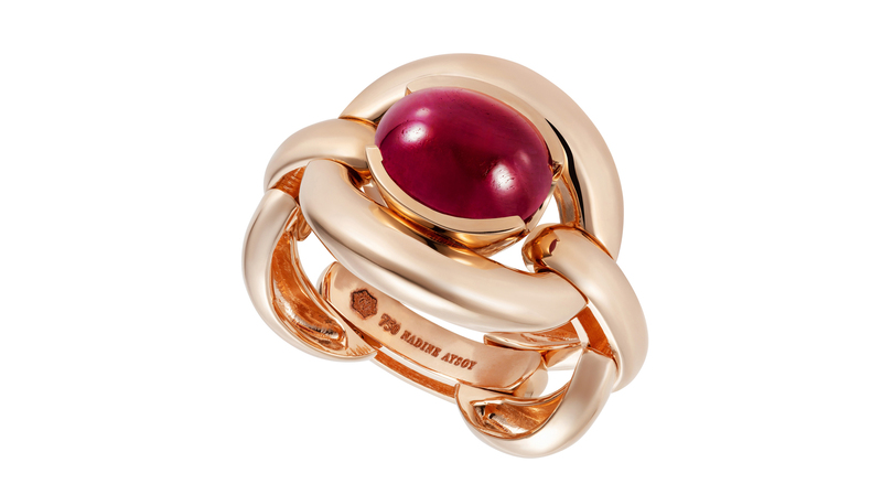 <a href="https://nadineaysoy.com/collections/rings/products/catena-ruby-cabochon-ring" target="_blank">Nadine Aysoy</a> Catena ruby cabochon ring in 18-karat rose gold ($4,900)