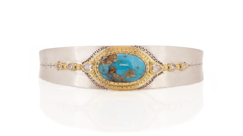 <a href="https://www.chefridi.com/products/persian-turquoise-harmony-cuff?_pos=4&_sid=df7038354&_ss=r" target="_blank">Adel Chefridi</a> Persian turquoise harmony cuff in 18-karat yellow gold and sterling silver with diamonds ($3,315)