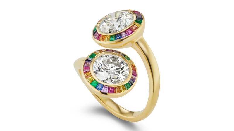 Brent Neale "Moi Et Toi Ring" in 18-karat yellow gold with white diamonds, multicolor sapphires, emeralds, and rubies (price upon request)