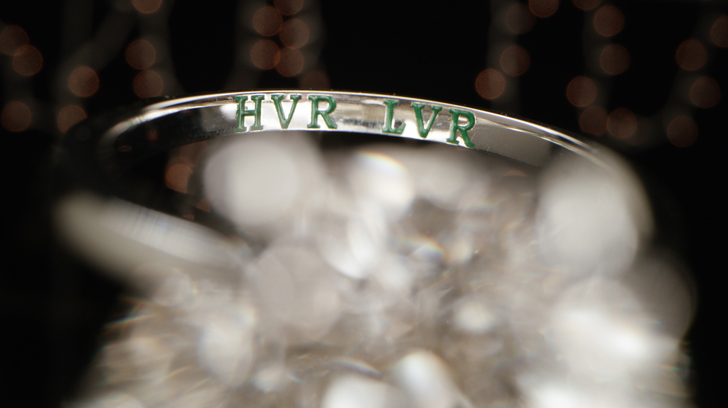 The inside of the ring set with the lab-grown “ranch” diamond is engraved with “HVR LVR,” which is short for Hidden Valley Ranch lover.