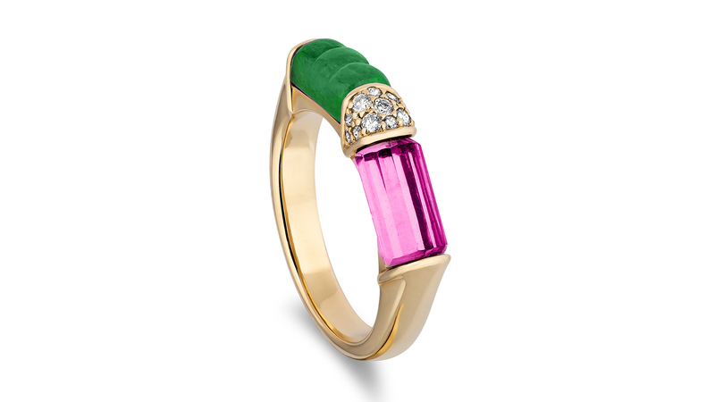 “DNA Double” ring in 14-karat yellow gold with emerald, pink tourmaline, and diamonds ($2,550)