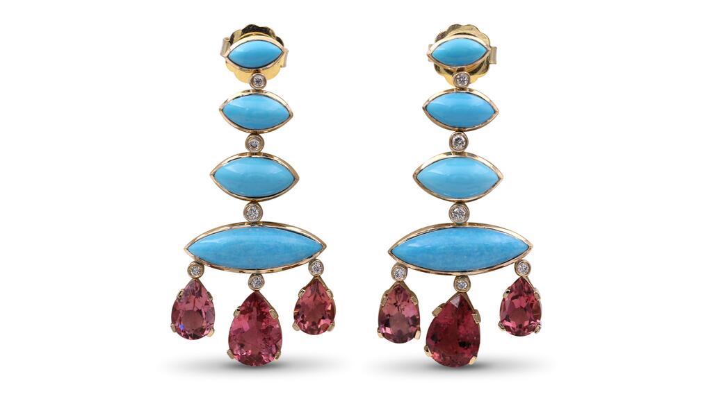 Stephen Dweck 18-karat gold earrings with 13 carats of turquoise, 10 carats of pink tourmaline and 0.25 carats of diamonds