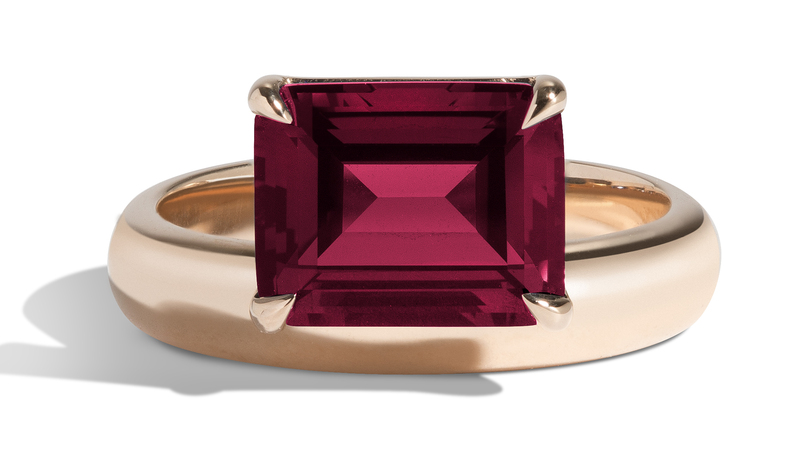 <a href="https://shahlakarimi.com/collections/rings/products/wright-emerald-cut-offset-donut-ring?variant=39517806067786" target="_blank">Shahla Karimi</a> ruby Wright emerald-cut offset donut ring in 14-karat gold ($2,990)