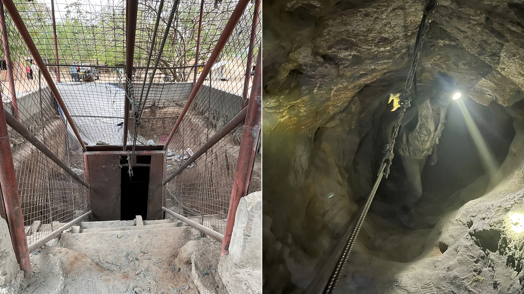 The entrance to the Merisheki tanzanite mine at left and a look inside the mine at right
