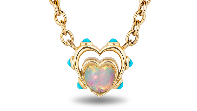 The “Mother’s Love” pendant necklace is crafted in 14-karat yellow gold with opal and turquoise ($5,600).