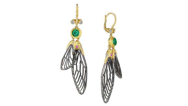 “Cicada Nymph” earrings by Anthony Lent in 18-karat yellow gold and sterling silver with diamonds, rubies, and emeralds ($16,330) Anthony Lent cicada nymph earrings