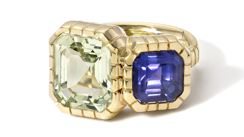 Retrouvai "Heirloom Bezel Double Stone Ring" in 14-karat yellow gold with unheated chrysoberyl and unheated violet sapphire (price upon request)