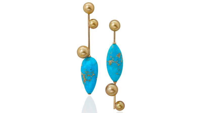 <a href="https://assael.com/" target="_blank">Assael</a> natural marquise turquoise earrings with six golden South Sea cultured pearl in 18-karat yellow gold ($10,800)