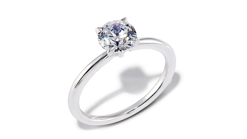 A white gold solitaire engagement ring with a 1-carat lab-grown round diamond. Every ring is made to order and delivered in approximately three weeks.