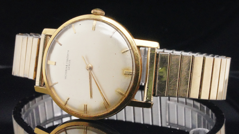 Colonel Tom Parker’s Vacheron Constantin watch from Julian and Jean Aberbach has a 14-karat gold case and a gold-filled stainless steel stretch bracelet. The dial reads “Vacheron & Constantin,” indicating the watch was made before 1970, when the company dropped the “&.” (Photo courtesy Kruse GWS Auctions)