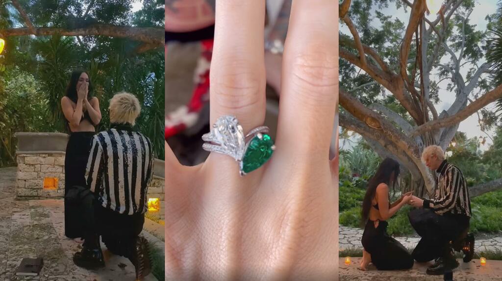 Musician Machine Gun Kelly proposed to Megan Fox with an 18-karat white gold, toi et moi-style ring featuring a pear-shaped D-color diamond and a matching pear-shaped untreated Colombian emerald, pictured at center. The story about the Stephen Webster-designed ring was the third most popular story on National Jeweler so far this year.