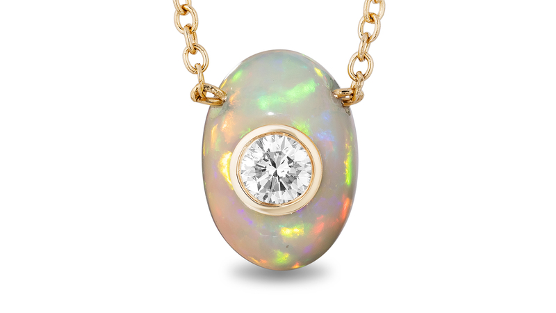 “Milestone Necklace” in 14-karat yellow gold with Ethiopian opal and diamond ($2,485)