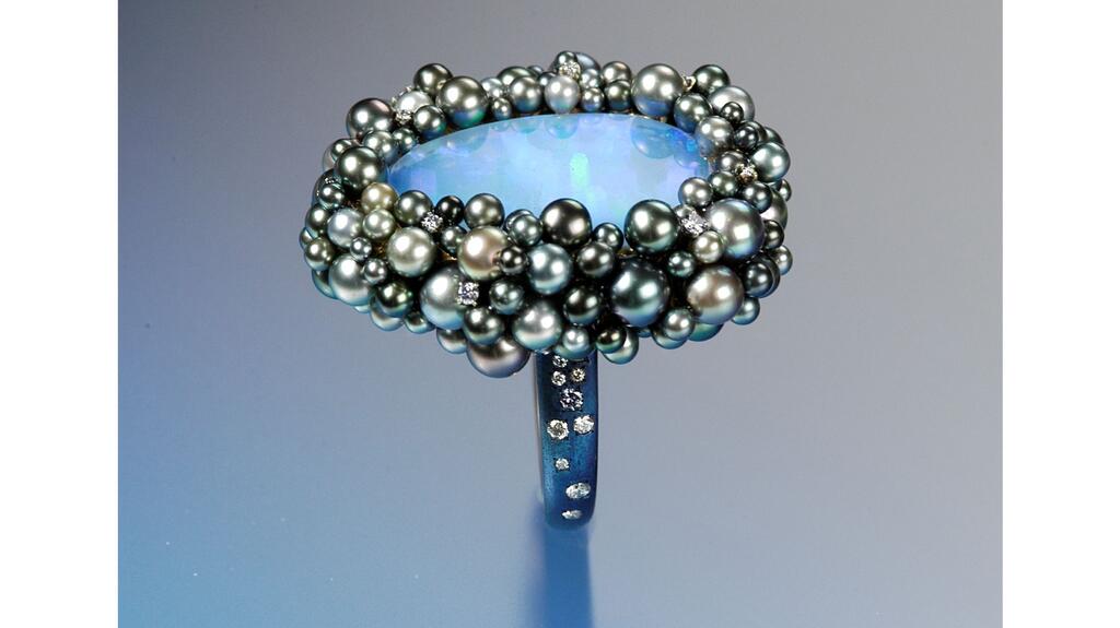 Sean Gilson natural pearl, opal, diamonds and blued steel ring