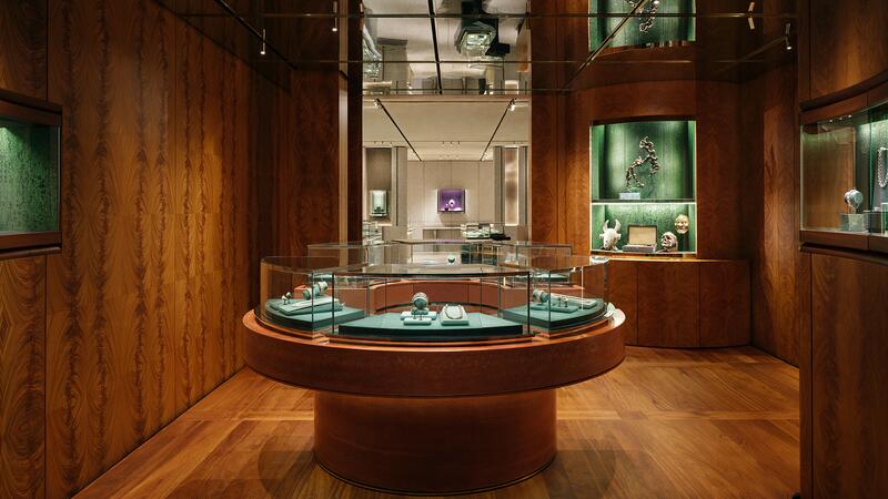 Wood showcases inside David Yurman Miami flagship store