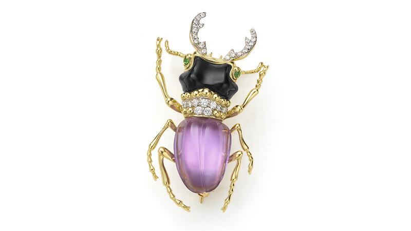 Lagos “Rare Wonders” beetle pin with an onyx face, cabochon amethyst body, and tsavorite garnet eyes with diamonds ($6,500) Lagos amethyst beetle pin