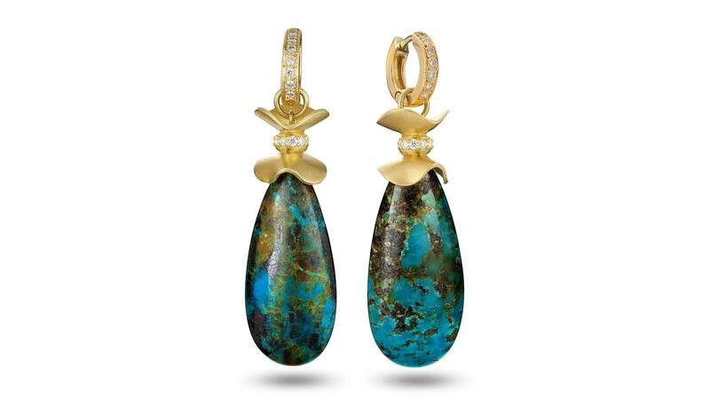 <a href="https://ashleighbranstetter.com/products/delta-turquoise-drop-earrings" target="_blank">Ashleigh Branstetter</a> Delta turquoise briolette drop earrings with diamonds set in 18-karat yellow gold ($5,200)