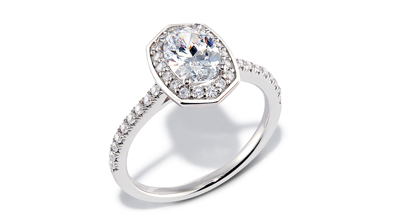 The collection features oval cuts, like in this ring, as well as round and emerald-cut diamonds.