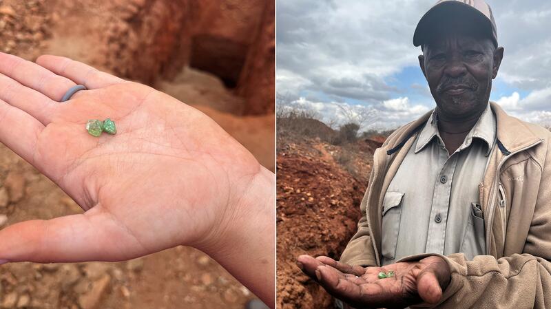 A miner in Kamtonga, Kenya, shows off the garnet he has recovered.