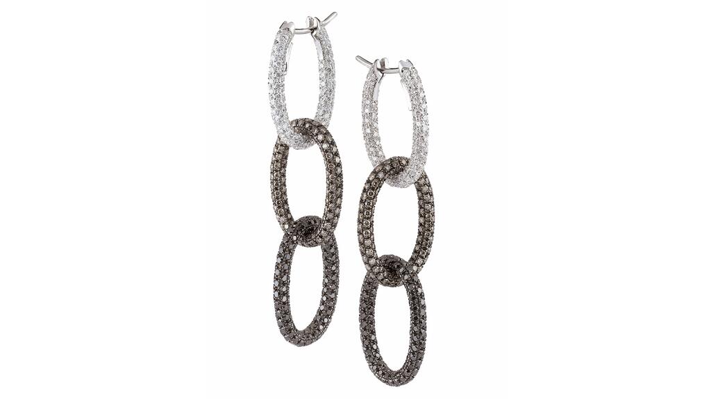 The “Eternity” triple oval hoop earrings with white, brown, and black diamonds in 18-karat white gold by Garavelli 1920 ($44,000) Garavelli 1920 Eternity Triple Oval Hoop Earrings