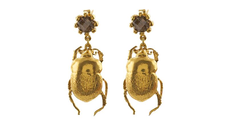 A pair of Dor Beetle earrings in sterling silver plated with 22-karat Fairmined gold set with smoky quartz ($325) by Alex Monroe Jewelry Alex Monroe Jewelry Dor beetle earrings