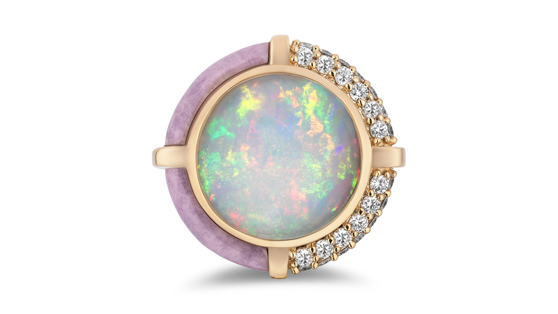 “Sugar and Spice” large cocktail ring in 14-karat yellow Ethiopian opal, purple opal, and diamonds ($7,850)