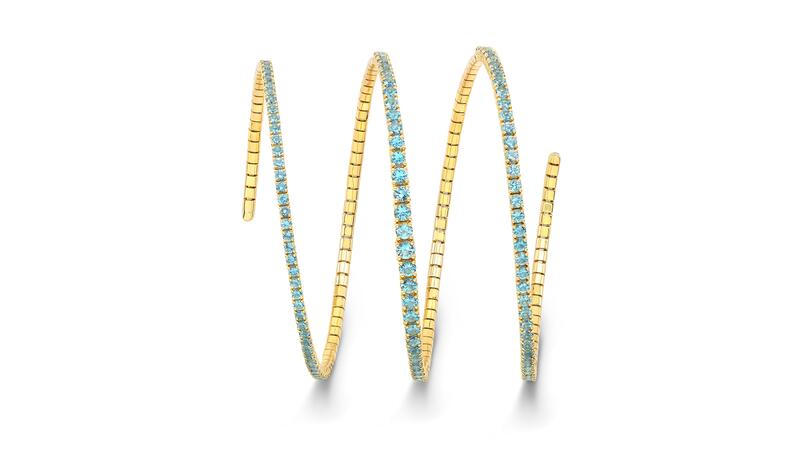 <a href="https://rahaminov.com/" target="_blank">Rahaminov Diamonds</a> aquamarine coil bracelet in 18-karat yellow gold ($18,000)