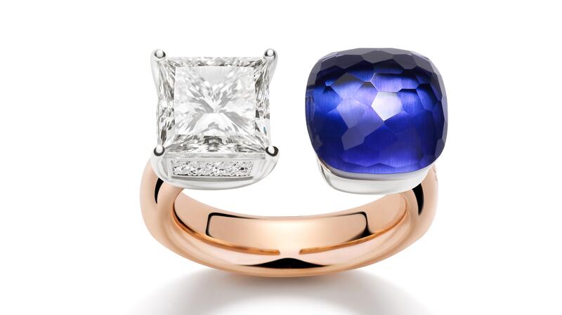 Pomellato high jewelry Triennale ring in rose and white gold with diamond and tanzanite