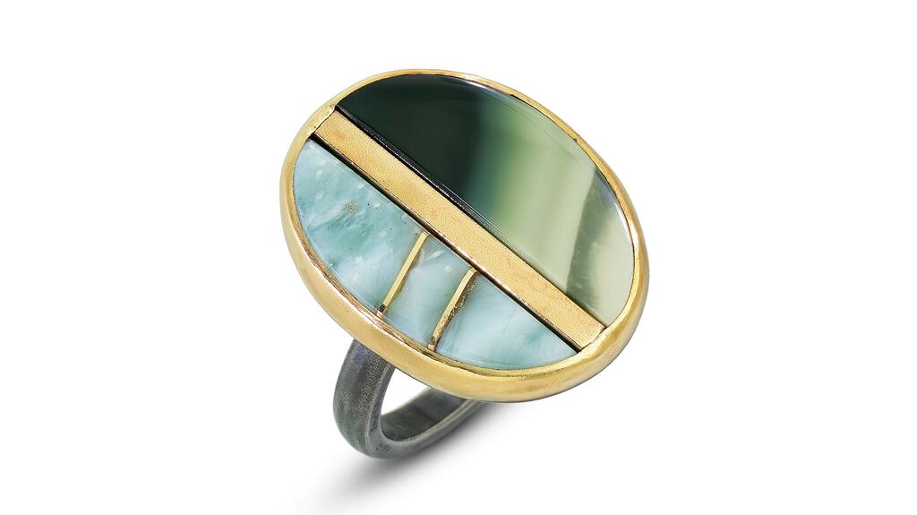 The “Kintsugi” inlay ring by Karin Luvaas with 14-karat yellow gold, chrysoprase, and Andamooka matrix opal ($1,870) Karin Luvaas Kintsugi Inlay Ring