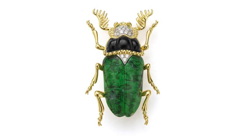 Lagos “Rare Wonders” beetle pin with an onyx face, “Maw-Sit-Sit” jade body, and tsavorite garnet eyes with diamonds ($7,000) Lagos jade beetle pin