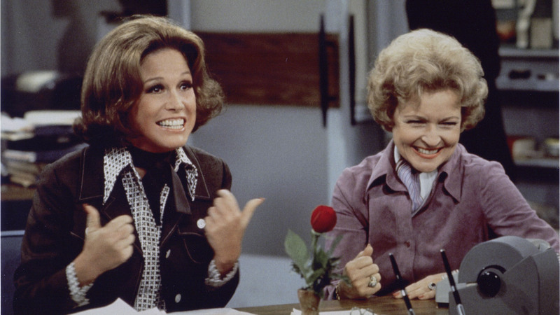 Mary Tyler Moore, who played Mary Richards on “The Mary Tyler Moore Show,” is pictured in a scene with Betty White as Sue Ann Nivens in 1975. (Photo by CBS Photo Archive/Getty Images)